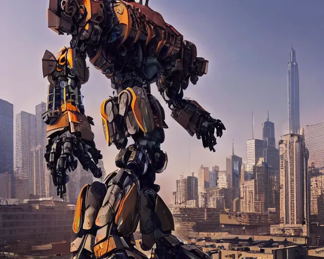 Image similar to a beautiful hyperrealistic ultradetailed 3D render of a gigantic mecha standing behinder the city, by brian sum and stephen martiniere and Antonio Manzanedo. mech, octane render, PBR, 3D, brilliantly colored, intricate, wide angle, volumetric lighting, polished, path tracing