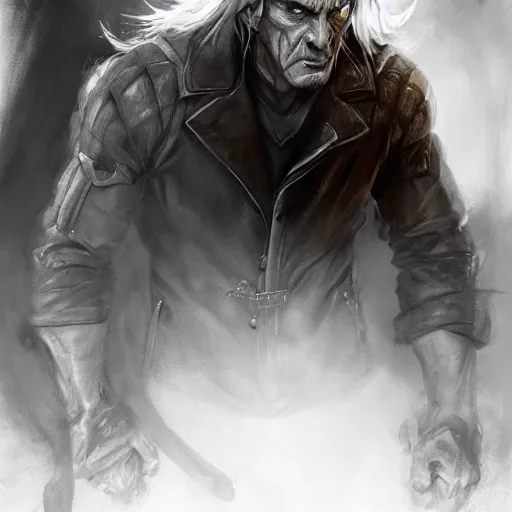 Image similar to portrait of a muscular, grim, ponytail haired blonde man in his late 30's, wearing a thick brown leather coat, looking to his side, scarred face, hunter, DnD character, fantasy character, dramatic lighting, high detail, graphite black and white by Ruan Jia, Krenz Cushart, Rossdraws and Boris Vallejo