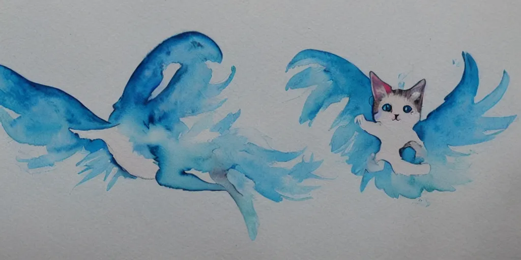 Image similar to watercolor illustration style, flying cute cats with blue wings