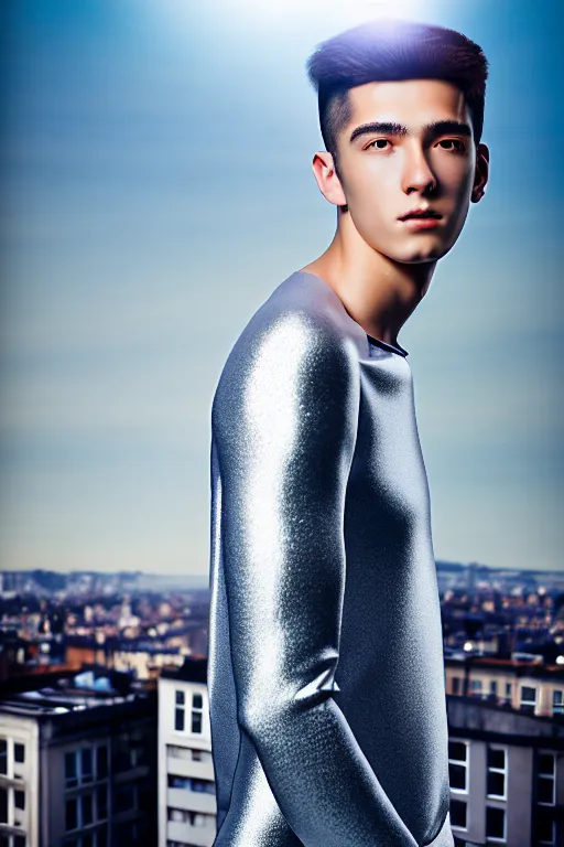 Image similar to un ultra high definition studio quality photographic art portrait of a young man standing on the rooftop of a british apartment building wearing soft padded silver pearlescent clothing. three point light. extremely detailed. golden ratio, ray tracing, volumetric light, shallow depth of field. set dressed.