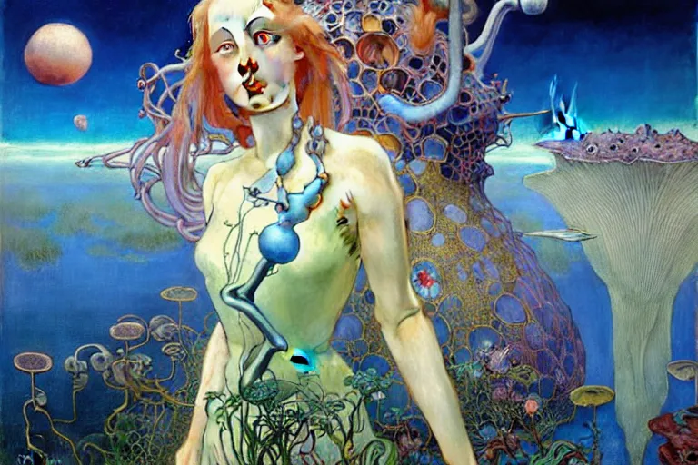 Prompt: realistic extremely detailed portrait painting of an alice in wonderland, futuristic sci-fi landscape on background by Jean Delville, Amano, Yves Tanguy, Ilya Repin, Alphonse Mucha, Ernst Haeckel, Edward Robert Hughes, Roger Dean, rich moody colours, blue eyes