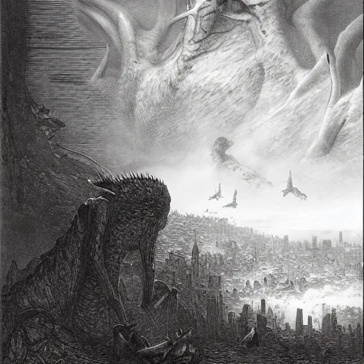 Image similar to godzilla sized deer demolish city, gustave dore