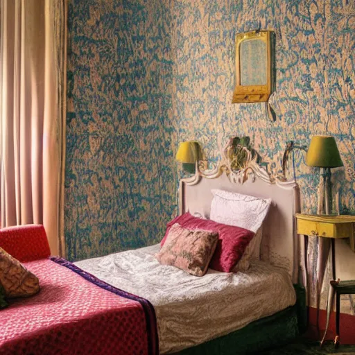 Image similar to a nightmare in a liminal hotel room, baroque wallpaper, film still by wes anderson, depicted by balthus, limited color palette, very intricate, art nouveau, highly detailed, lights by hopper, soft pastel colors, minimalist