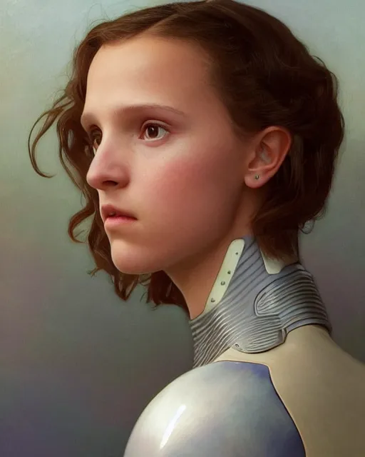 Image similar to a portrait painting of a shy, blushing 1 6 - year old alicia vikander or millie bobby brown, backlit, wearing a futuristic space suit in a space station, elegant, highly detailed, artstation, concept art, by krenz cushart and donato giancola and william adolph bouguereau and alphonse mucha