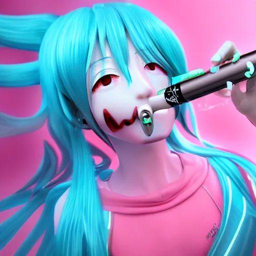 Prompt: hatsune miku high on weed with bloodshot baggy eyes smoking with a vape pen, 3 d render, 4 k