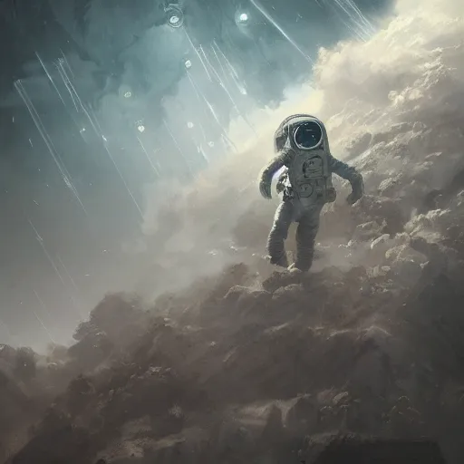 Image similar to dead astronaut falling through the clouds in jupiter, by cedric peyravernay, highly detailed, excellent composition, cinematic concept art, dramatic lighting, trending on artstation