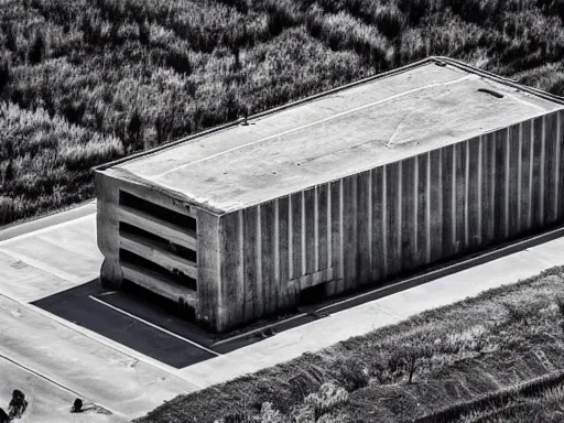 Image similar to a building in the middle of a concrete field