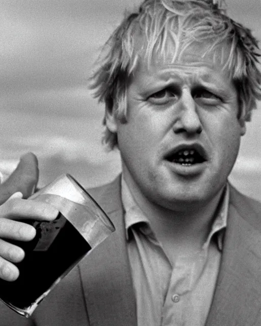 Image similar to film still close - up shot of boris johnson drinking a beer on the beach from the movie monty python's the meaning of life. photographic, photography