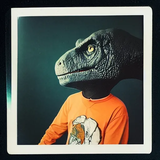 Image similar to last selfie of t - rex before comet hits the ground, polaroid, scratch and dust