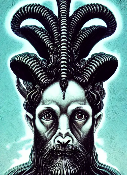 Image similar to hyper detailed ultra sharp orthodox baphomet goat jesus icon, occult, sardonic man, piercing gaze, trending on artstation, byzantine aesthetic, doom, religious, sinister, ornate, intricate, digital painting, concept art, smooth, sharp focus, illustration, art by josan gonzalez, greg rutkowski, killian eng and zdizslaw beksinski