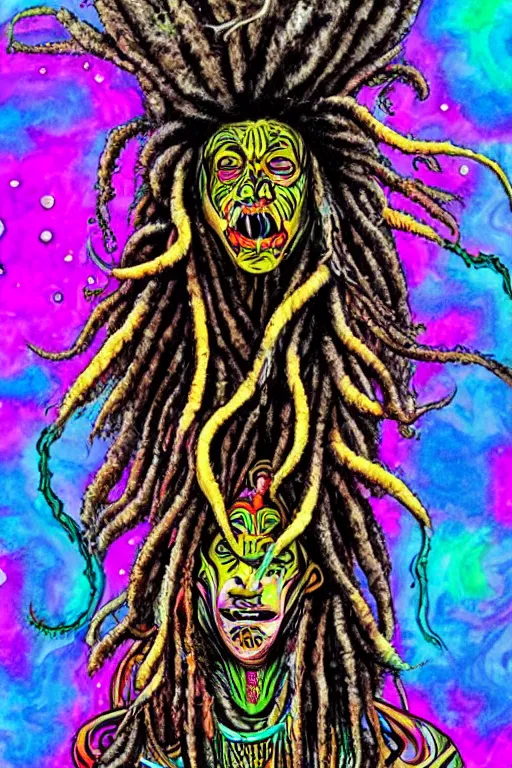 Image similar to a chaotic psychedelic monster with dreadlocks, cosmic horror