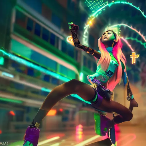 Image similar to a girl like (jinx, Princess peach), dancing, background jet ground radio, kpop, fullshot, raytrayced, octane render,volumetric lighting, epic composition, intricate details, dark neon punk, by KDA