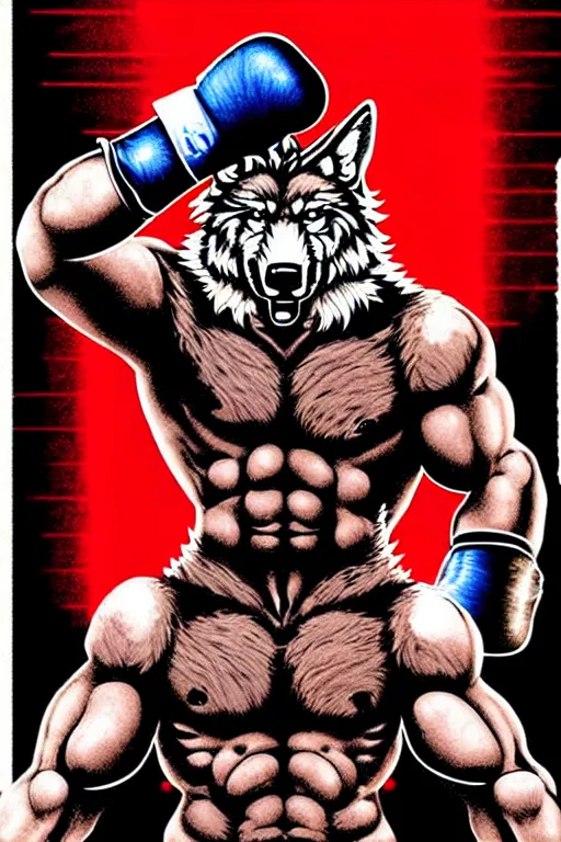 Image similar to extreme long shot. 8 bit nes graphics. antropomorphic muscular masculine wolf. kickboxer fighter, in shorts. wolf head. angry. fine details, very sharp, art from nes game cartridge, 8 0's, vhs artefacts, vaporwave style, marc simonetti and hermann nitsch and anish kapoor.