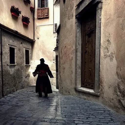 Image similar to ezio auditore da firenze spotted in real life, italy,