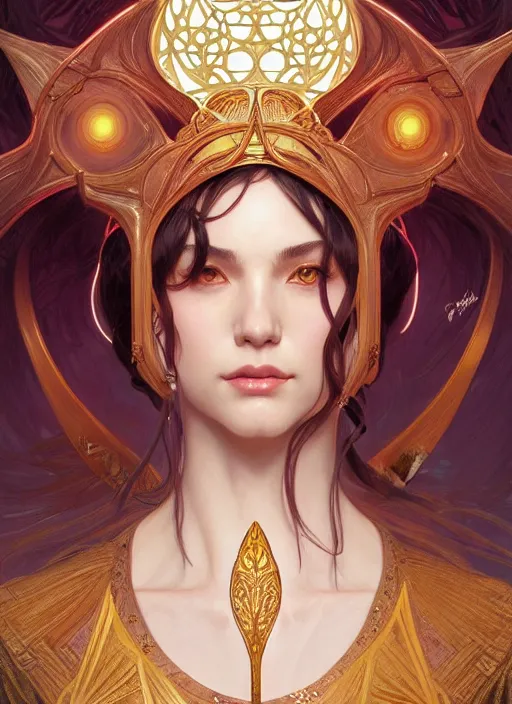 Image similar to symmetry!! portrait of a female sorcerer, dar fantasy, intricate, elegant, highly detailed, my rendition, digital painting, artstation, concept art, smooth, sharp focus, illustration, art by artgerm and greg rutkowski and alphonse mucha and huang guangjian and gil elvgren and sachin teng