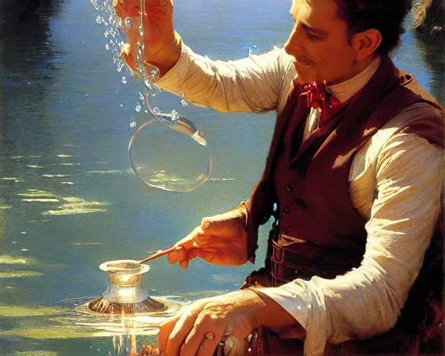 Prompt: attractive magician man, casting water magic. highly detailed painting by gaston bussiere, craig mullins, j. c. leyendecker 8 k