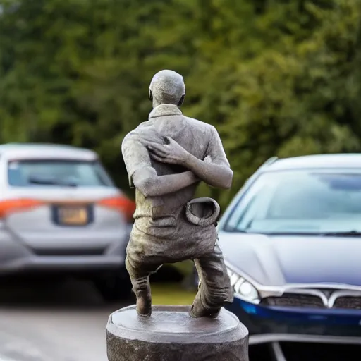 Prompt: statue of a car driver stuck in traffic