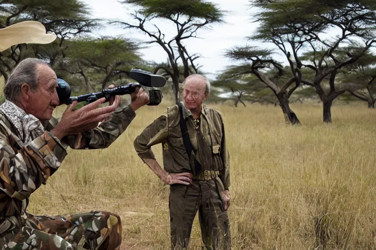 Image similar to Cinematography the king Juan Carlos I of Spain shooting an elephant with a rifle in an african safari by Emmanuek Lubensky