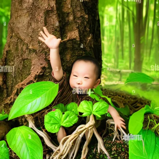 Image similar to chinese fairytale ginseng plant babies playing and jumping around in the deep forest, with sunlight shining through the tress, and a herbal medicine hunter crouching in the bushes