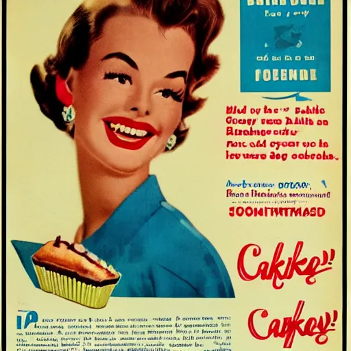 Prompt: 1950s advertisement for cake by the ocean