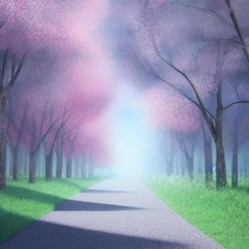 Image similar to road through a cherry tree forest, pellets falling down with the wind, pinkshift render, advanced digital painting, 4k