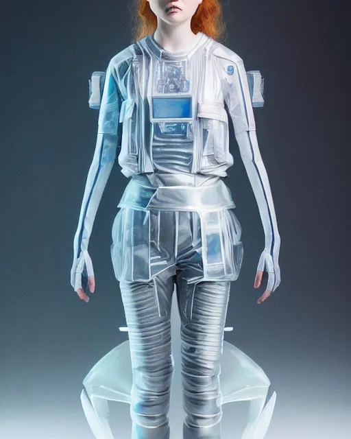 Image similar to full body shot of sadie sink dressed in futuristic cyberpunk clothing, soft diffused light, bjork aesthetic, translucent, by rineke dijkstra and artgerm, intricate details, highly detailed, masterpiece, 8 5 mm