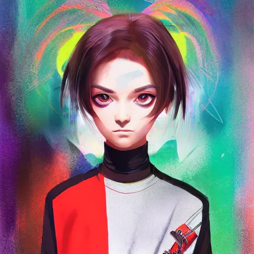 Prompt: poster woman with futuristic streetwear and hairstyle, colourful, cute face, big eyes, dynamic portrait, full face shot, intricate eyes, beautiful, elegant, Anime by Kuvshinov Ilya, Cushart Krentz and Gilleard James, 4k, HDR, Trending on artstation, Behance, Pinterest, award winning