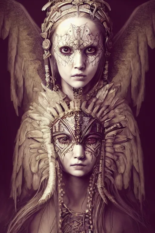 Image similar to A masterpiece ultrarealistic portrait of a Irristible angel princess tribal-shaman-knight-witch-ghost with Skull Iron mask. baroque renaissance girl in the night forest. medium shot, intricate, elegant, highly detailed. trending on artstation, digital art, by Stanley Artgerm Lau, WLOP, Rossdraws, James Jean, Andrei Riabovitchev, Marc Simonetti, Yoshitaka Amano. background by James Jean and Gustav Klimt, light by Julie Bell, 4k, porcelain skin.