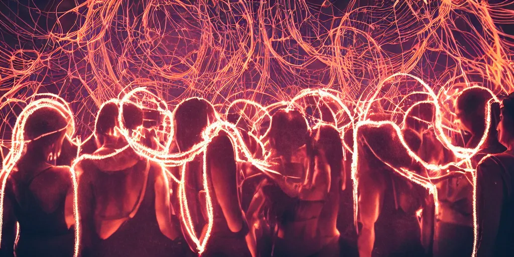 Prompt: love, double exposure groups of people with glowing bodies, from behind, rebirth, wide angle, cinematic atmosphere, elaborate wires, highly detailed, vivid colors, dramatic lighting