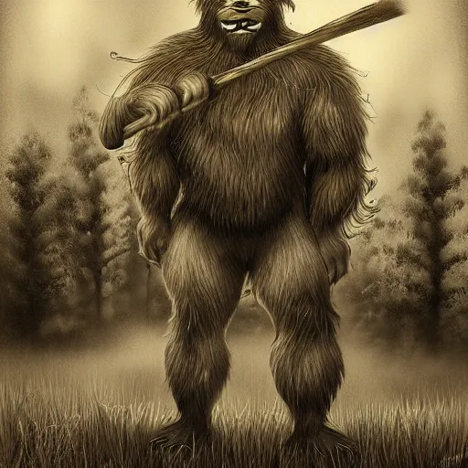 Image similar to hairy beast with club, swamp, richard kane - ferguson, sepia tone, digital illustration