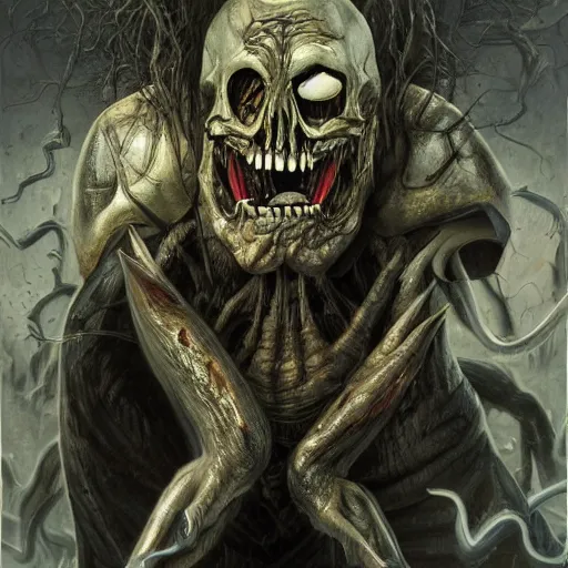 Image similar to a painting of a horrifying 🦷☠👹, an ultrafine detailed painting, by mark brooks, centered full body, featured on deviantart, fantasy art, detailed painting, deviantart, anime