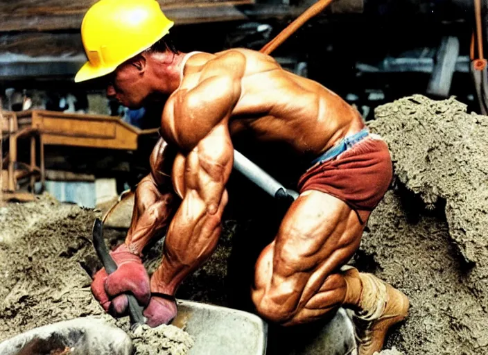 Prompt: 90's professional color photograph, A Muscular Arnold Schwarzenegger laboring in a mine.