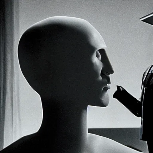 Image similar to movie scene of a man with a robot head, movie still, acting, cinematic composition, cinematic lighting, Movie by David Lynch and Andrzej Żuławski