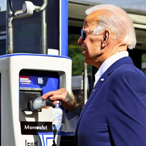 Prompt: Joe Biden sipping gasoline from the gas station gas pump