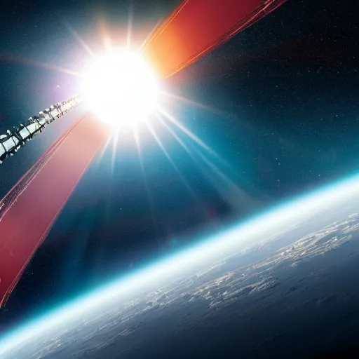 Image similar to wide shot of flying train track in space orbit around planet earth, epic award winning cinematic still