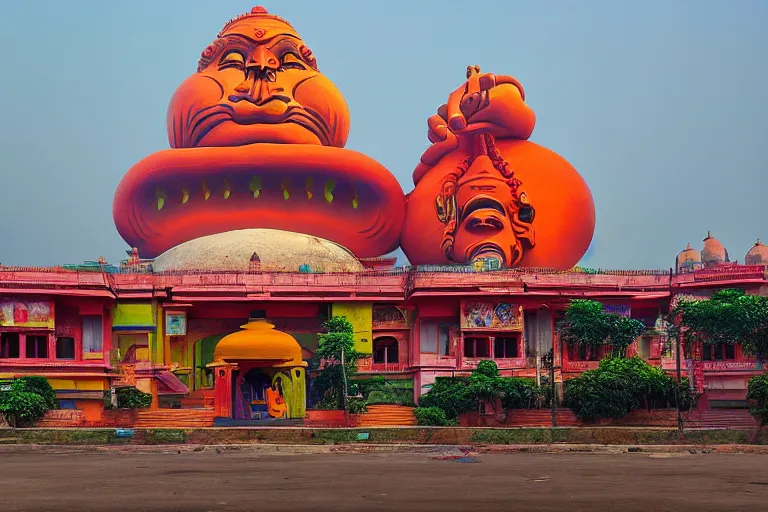 Prompt: beautiful dreamscape! biomorphic new delhi, hanuman!! head building, kalighat, octane photorealistic cinematic, stephen shore & john j. park, soft morning light, wide shot, high angle, uhd 8 k, deep focus