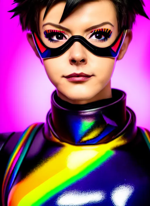 Image similar to hyperrealistic style portrait of tracer overwatch, confident pose, wearing black iridescent rainbow latex, rainbow, neon, 4 k, expressive happy smug expression, makeup, in style of mark arian, wearing detailed black leather collar, wearing sleek armor, black leather harness, expressive detailed face and eyes,