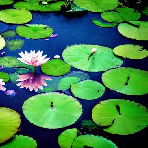 Image similar to pale face lying under the water, top down, closeup, water lilies, cinematic, shallow depth of field, atmospheric, ultra high detail, somber colors