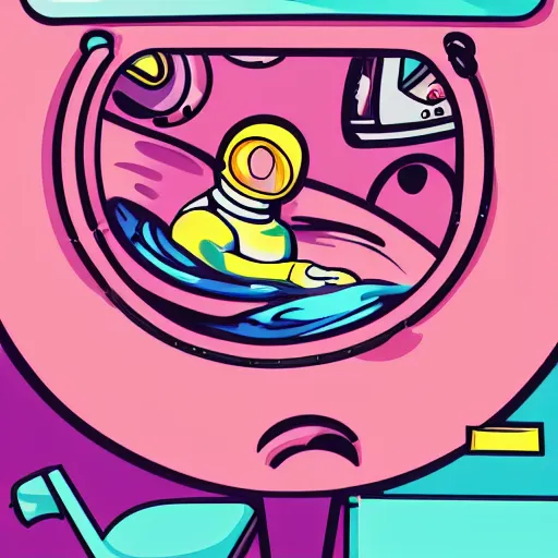 Image similar to Astronaut stuck in a giant washing machine that is washing pink clothes. 8k resolution. Art deco. Pop art.