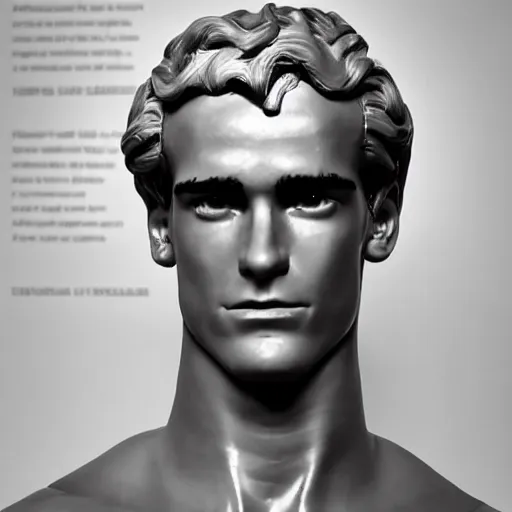 Image similar to “ a realistic detailed photo of a guy who is an attractive humanoid who is half robot and half humanoid, who is a male android, soccer player antoine griezmann, shiny skin, posing like a statue, blank stare, at the museum, on display ”