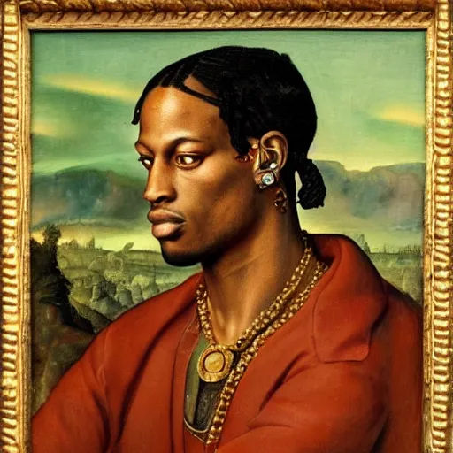 Image similar to a renaissance style portrait painting of travis scott