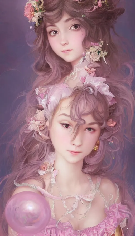 Prompt: portrait of magical lolita girl, dreamy and ethereal, expressive pose, big pink eyes, peaceful expression, ornate frilly dress, fantasy, intricate, elegant, many rainbow bubbles and sparkles, rose tones, highly detailed, digital painting, artstation, concept art, smooth, sharp focus, illustration, art by artgerm and greg rutkowski and alphonse mucha