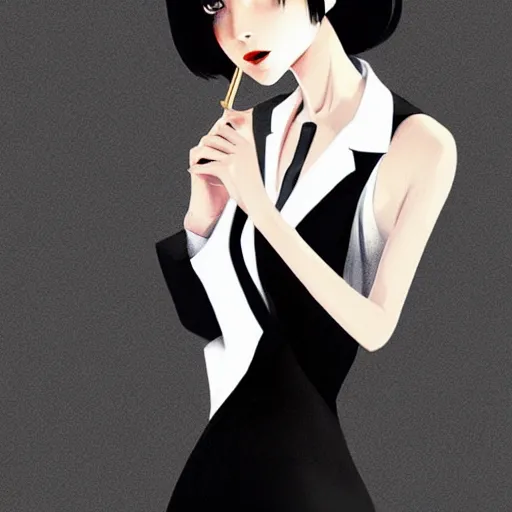 Image similar to slim girl in tuxedo with short black hair, elegant, 2d, ultra highly detailed, digital painting, smooth, sharp focus, artstation, art by Ilya Kuvshinov