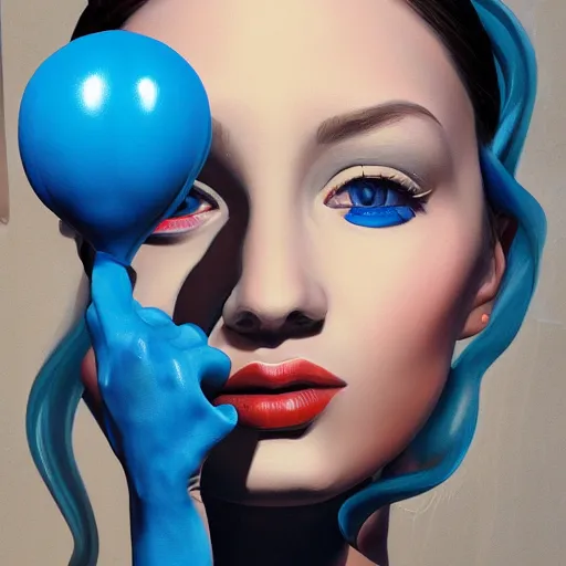 Prompt: a painting of a woman holding a blue object, an airbrush painting by james jean, featured on zbrush central, pop surrealism, airbrush art, daz 3 d, sketchfab