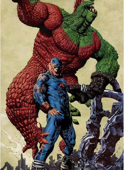 Image similar to full body and head single character portrait of martyn ford and godzilla hybrid as marvel mutant, dynamic action, painted by norman rockwell and phil hale and greg staples and tom lovell and frank schoonover and jack kirby