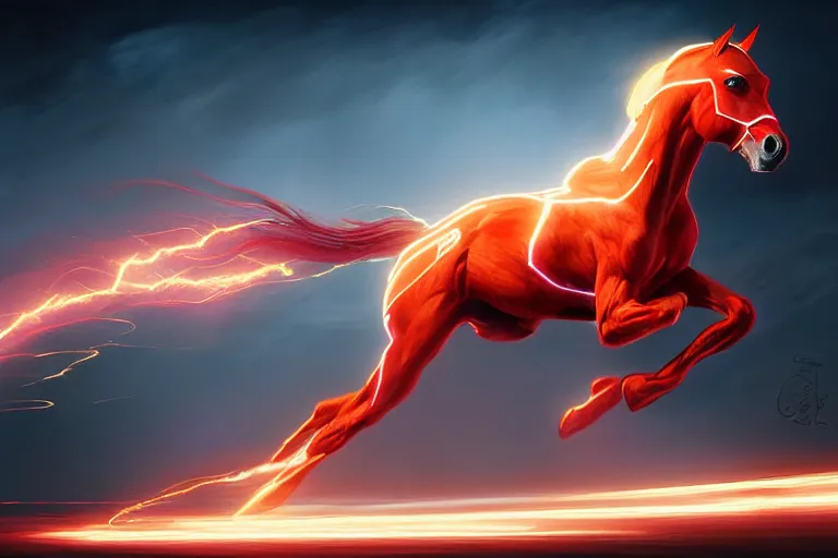 Image similar to a stunning digital painting of a horse as the flash in spandex costume, running in the speedforce by greg rutkowski, volumetric light, digital art, fine detail, photorealistic