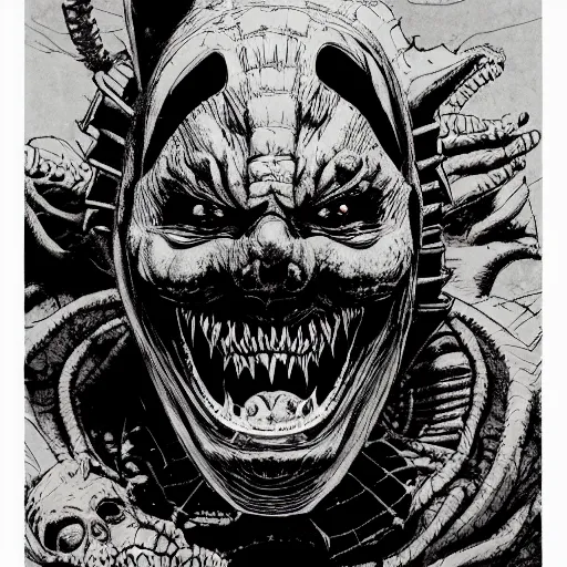 Image similar to full page illustration of dorohedoro kaiman open mouth, showing a spooky face inside his throat, by Katsuhiro Otomo, Q Hayashida, Phil hale, Ashley wood, Ilya repin, frank frazetta, 8k, hd, high resolution print