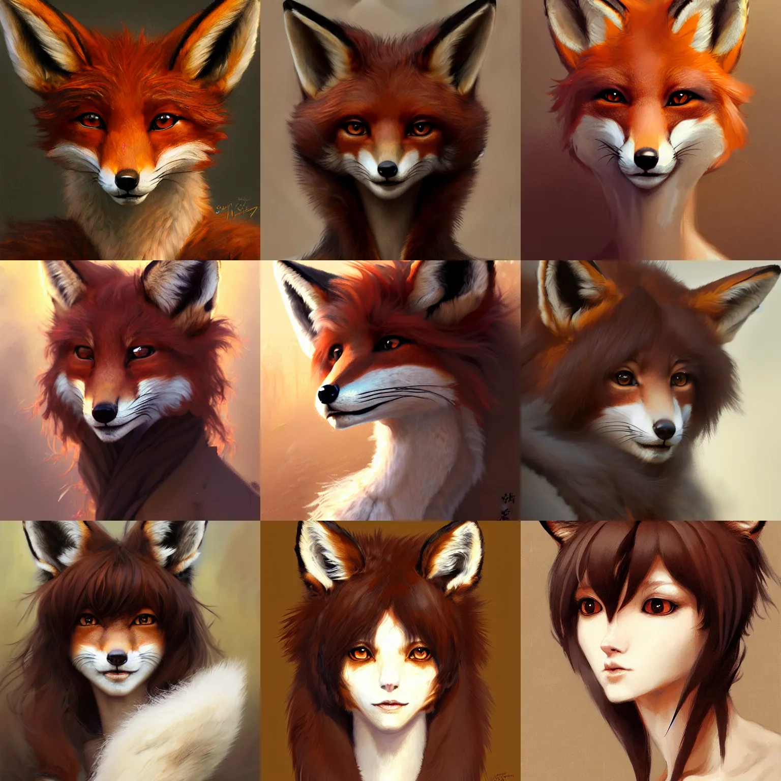 Prompt: a portrait of an anthropomorphic fox vixen, woman, furry fursona, with dark brown bangs, fringe, and large eyes, by wlop, stanley lau, and greg rutkowski, detailed, brown bangs