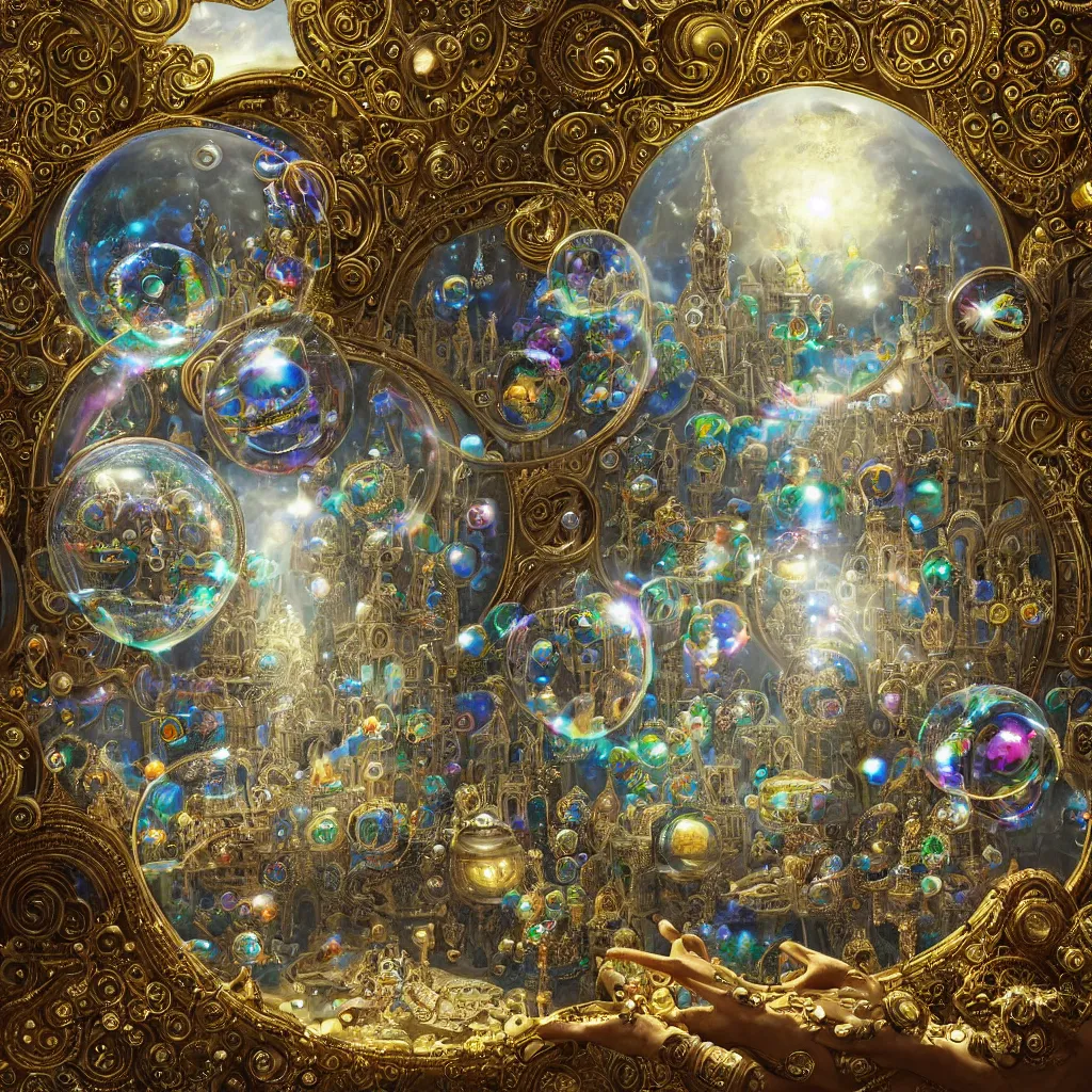 Prompt: half soap bubble mind, half symetrical highly detailed ornate with jewels and precious metals futuristic, sandman kingdom, outside view from half castle kingdom of dreams, space ships, hiperrealistc, global illumination, radiant light, cosmic detailed and intricate environment, gold, silver, bronze, rubi, emerald, sapphire, aquamarine, topaz, art by andreas achenbach