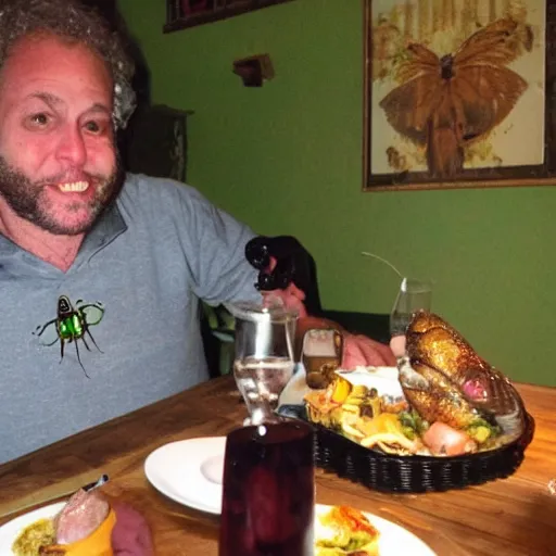 Prompt: jeff goldbum having romantic meal with giant fly
